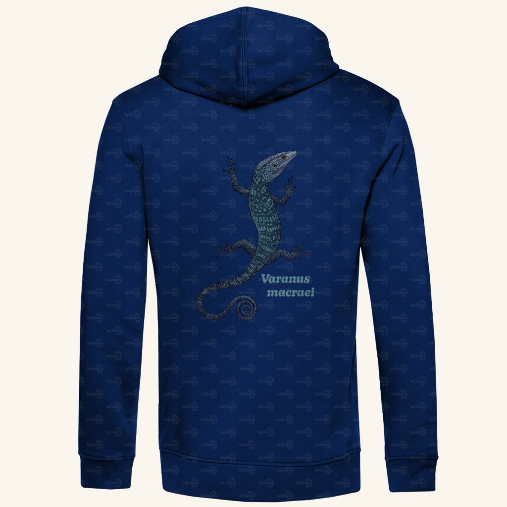 Herren Bio Hoodie mit Seitentaschen | blauer Baumwaran Varanus macraei