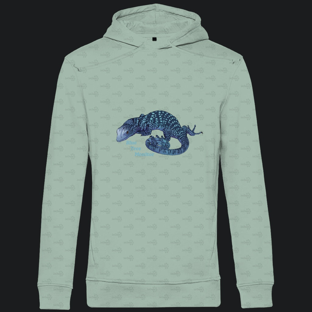 Herren Bio Hoodie mit Seitentaschen | blauer Baumwaran Varanus macraei