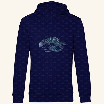 Herren Bio Hoodie mit Seitentaschen | blauer Baumwaran Varanus macraei