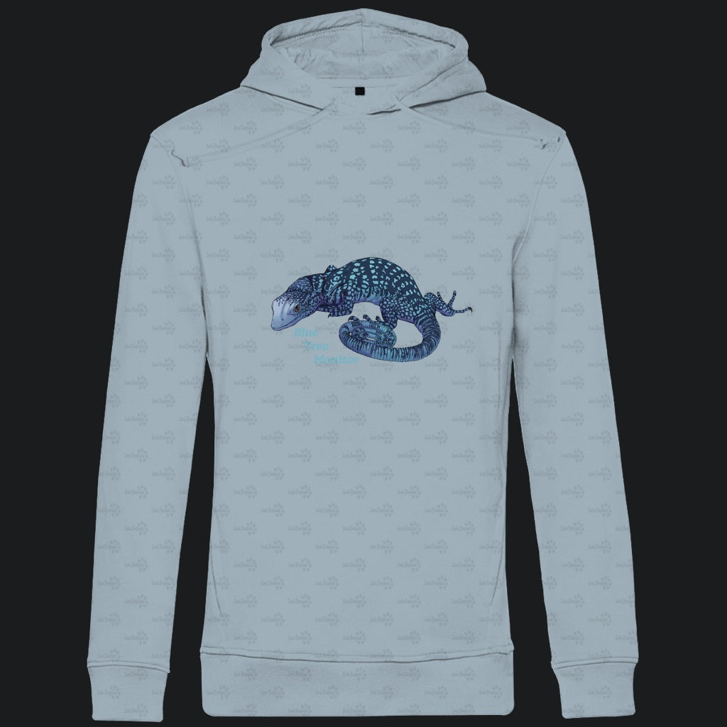 Herren Bio Hoodie mit Seitentaschen | blauer Baumwaran Varanus macraei