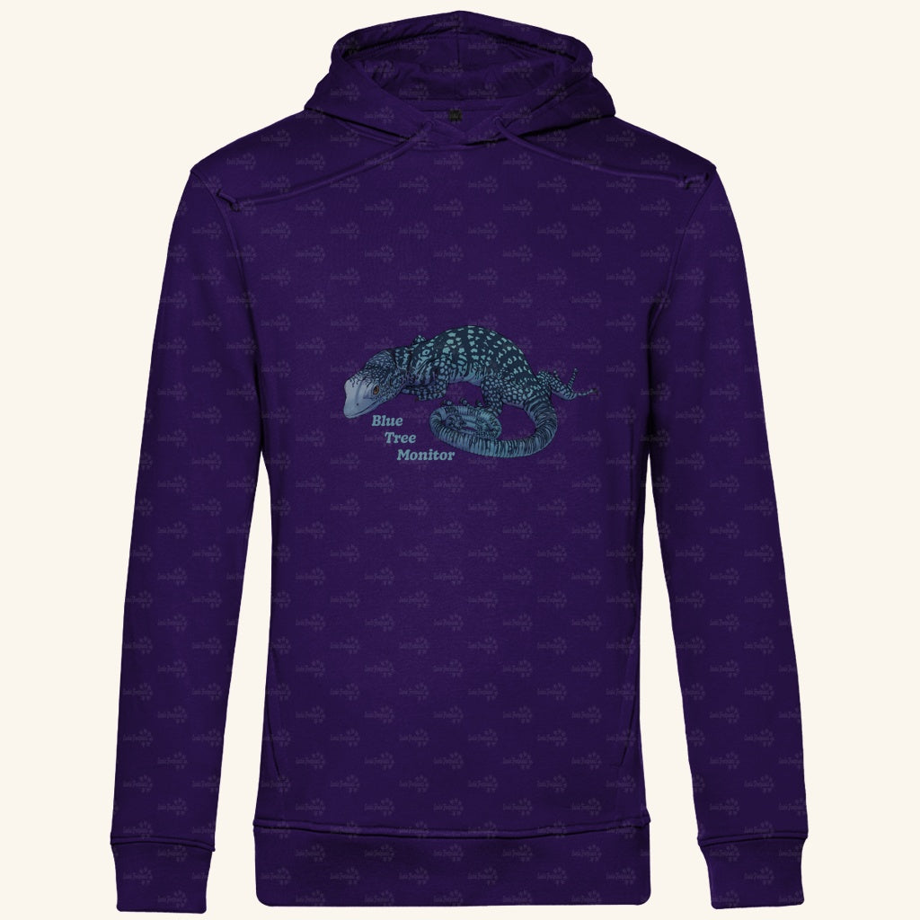 Herren Bio Hoodie mit Seitentaschen | blauer Baumwaran Varanus macraei