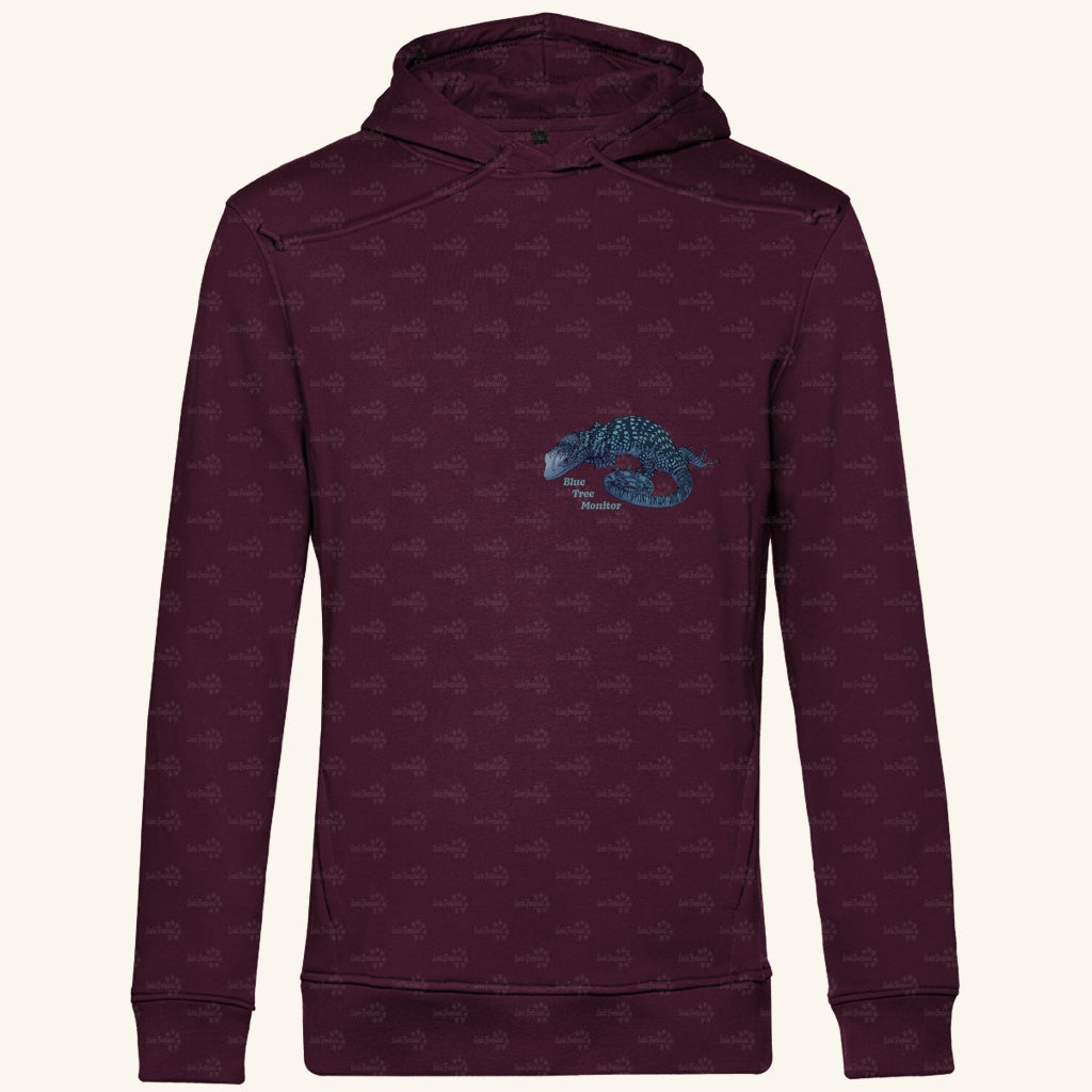 Herren Bio Hoodie mit Seitentaschen | blauer Baumwaran Varanus macraei