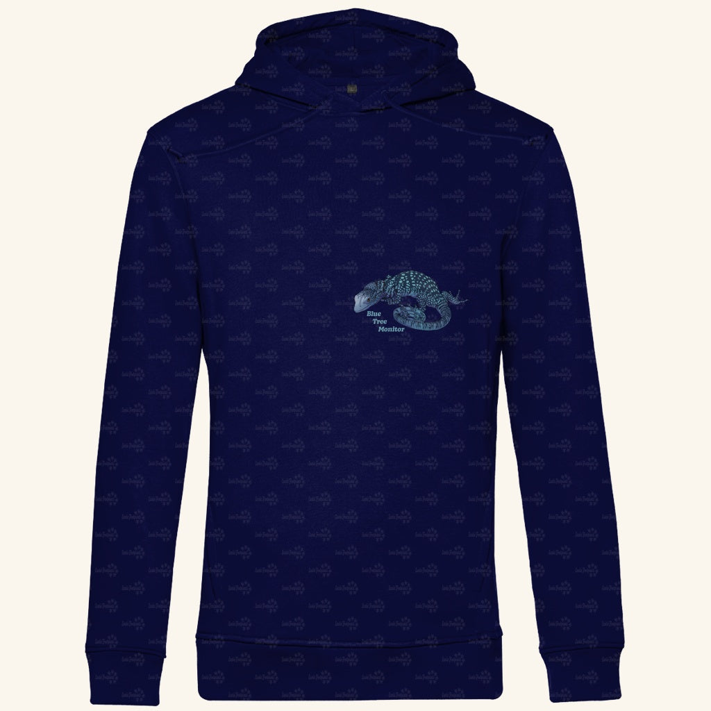 Herren Bio Hoodie mit Seitentaschen | blauer Baumwaran Varanus macraei