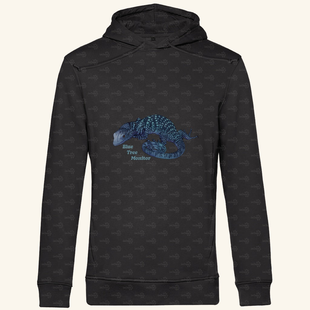 Herren Bio Hoodie mit Seitentaschen | blauer Baumwaran Varanus macraei