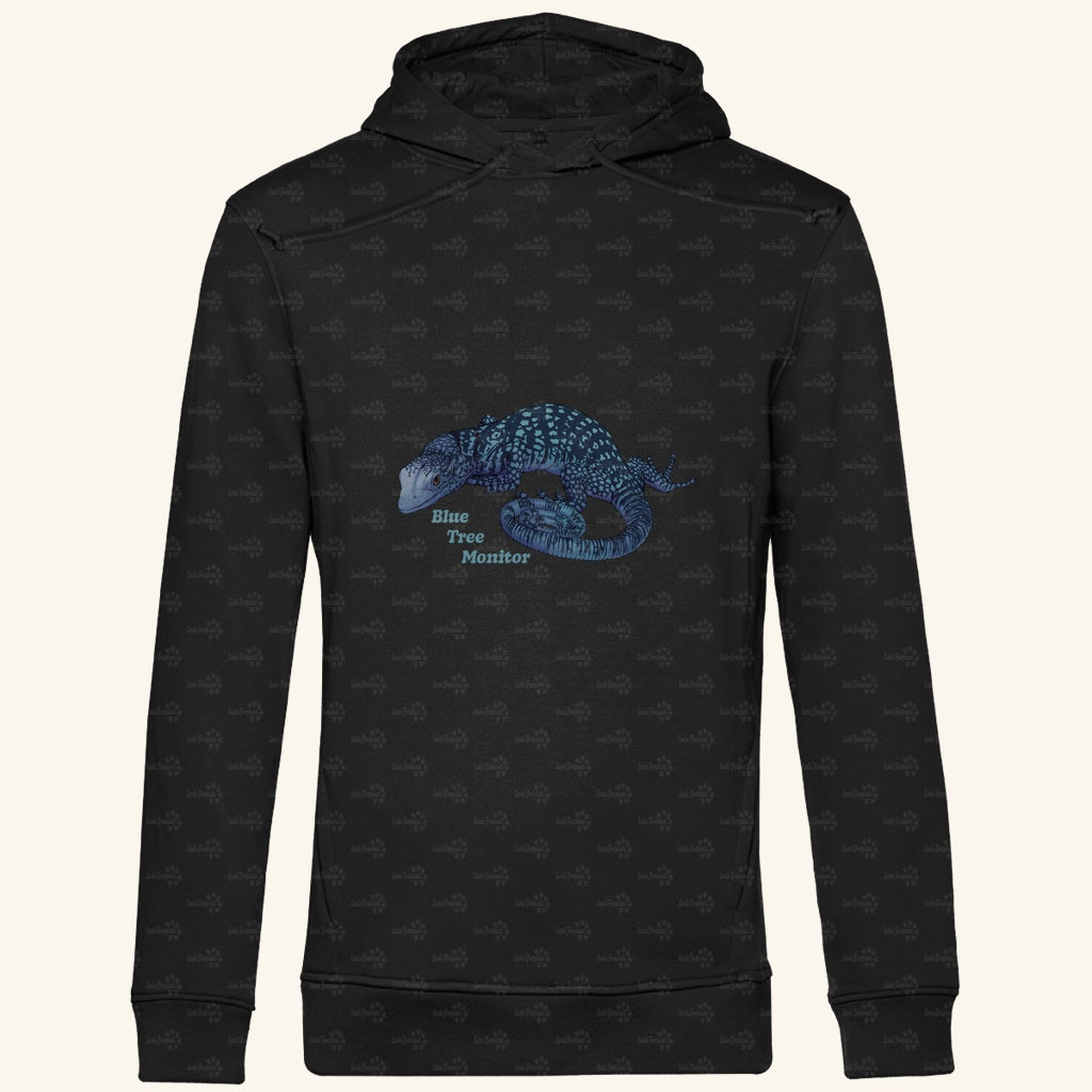 Herren Bio Hoodie mit Seitentaschen | blauer Baumwaran Varanus macraei