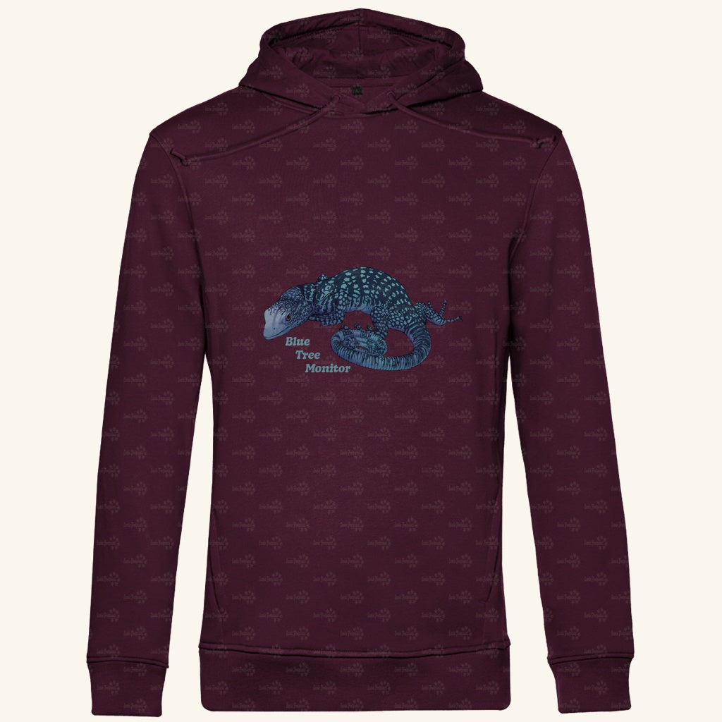 Herren Bio Hoodie mit Seitentaschen | blauer Baumwaran Varanus macraei