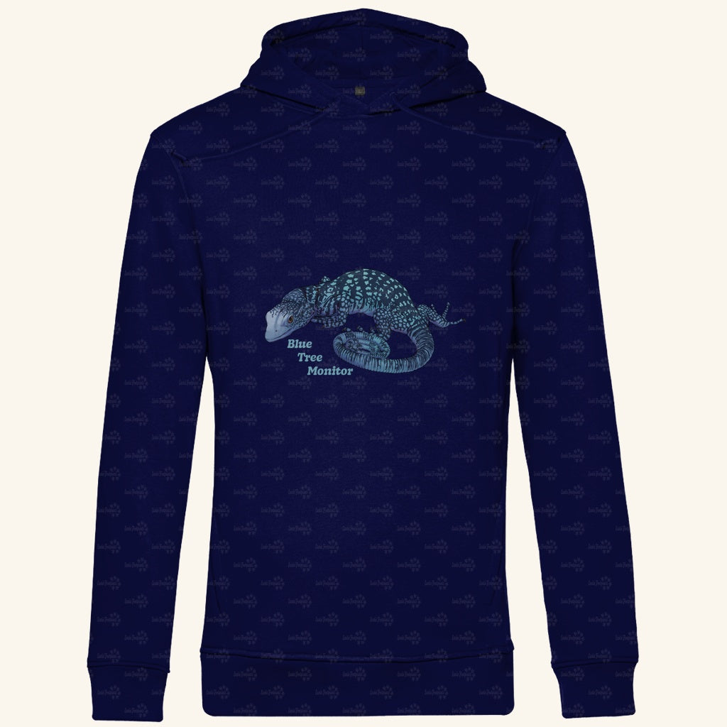 Herren Bio Hoodie mit Seitentaschen | blauer Baumwaran Varanus macraei