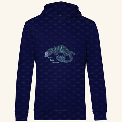 Herren Bio Hoodie mit Seitentaschen | blauer Baumwaran Varanus macraei