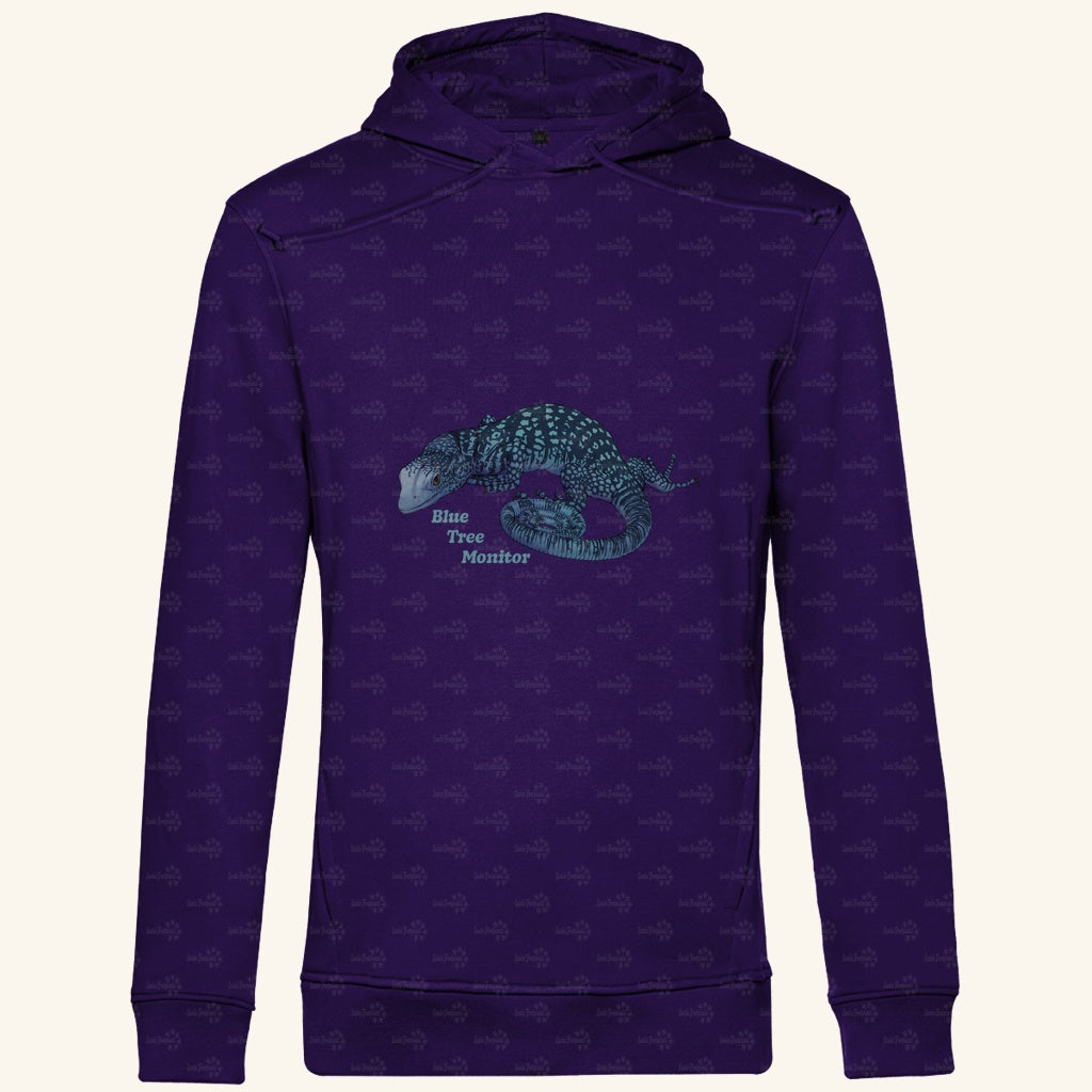 Herren Bio Hoodie mit Seitentaschen | blauer Baumwaran Varanus macraei