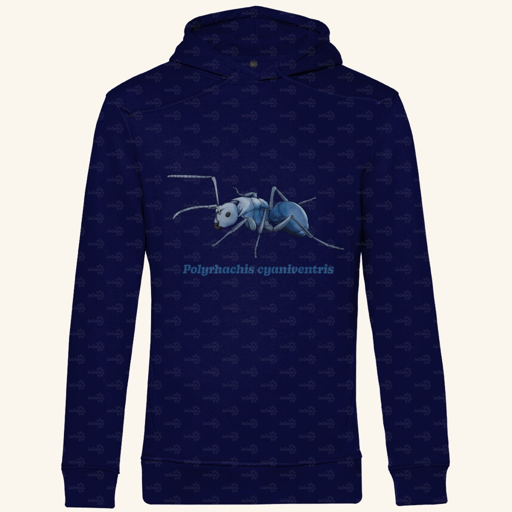 Herren  Bio Hoodie mit Seitentaschen | Blau schillernde Schuppenameise Polyrhachis cyaniventris