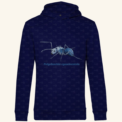 Herren  Bio Hoodie mit Seitentaschen | Blau schillernde Schuppenameise Polyrhachis cyaniventris