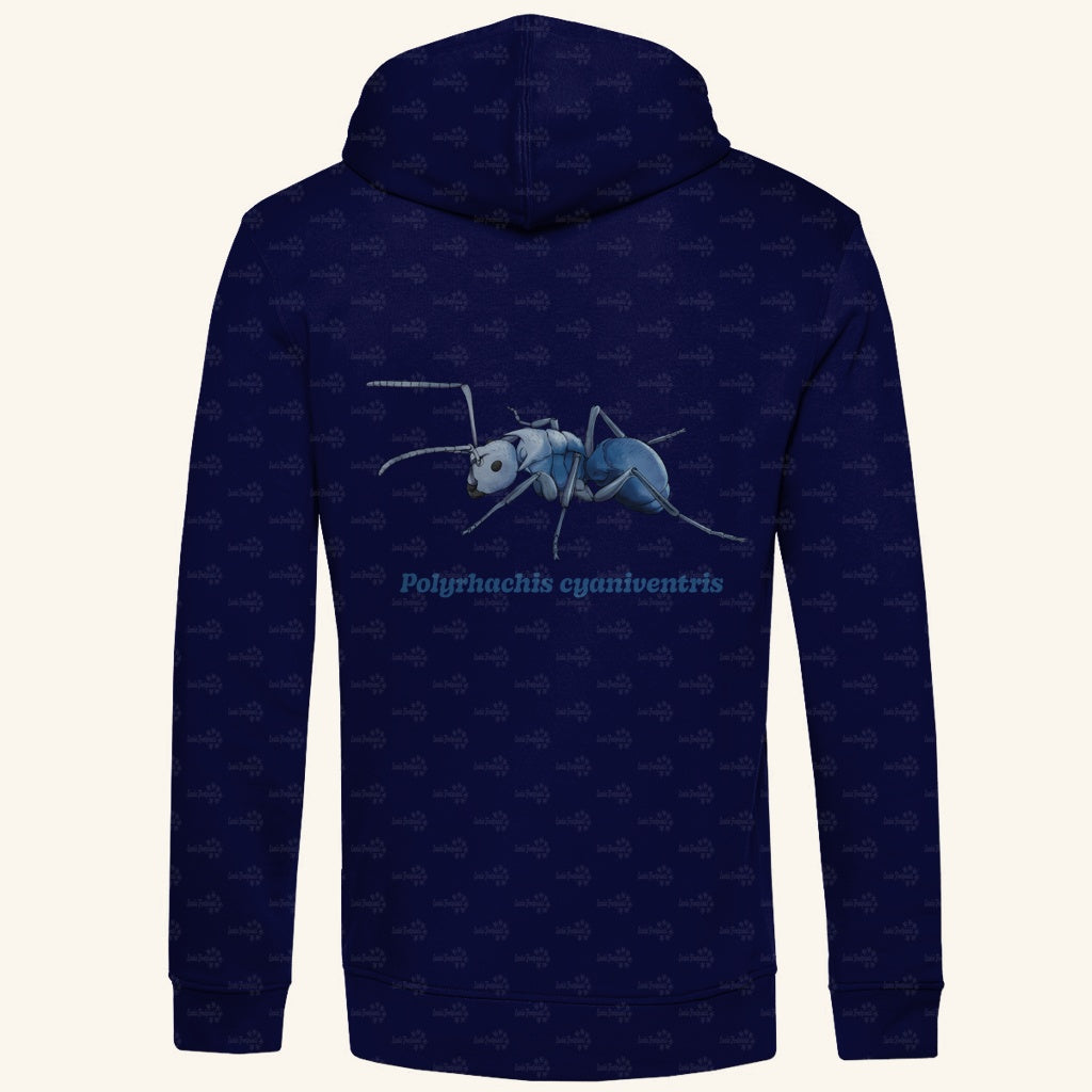 Herren  Bio Hoodie mit Seitentaschen | Blau schillernde Schuppenameise Polyrhachis cyaniventris