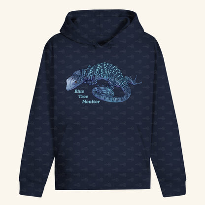 Unisex Bio Hoodie mit Bauchtasche | blauer Baumwaran Varanus macraei