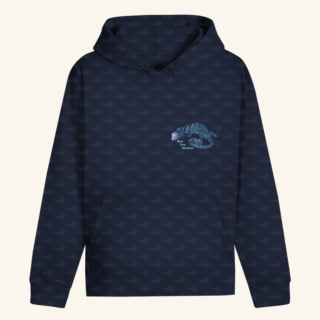 Unisex Bio Hoodie mit Bauchtasche | blauer Baumwaran Varanus macraei