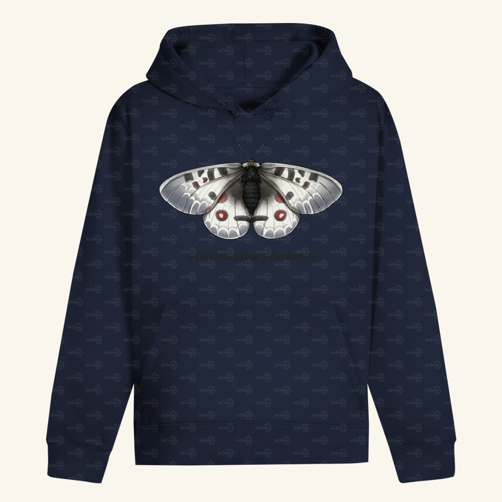 Unisex Bio Hoodie mit Bauchtasche | Alpenapollo Parnassius phoebus