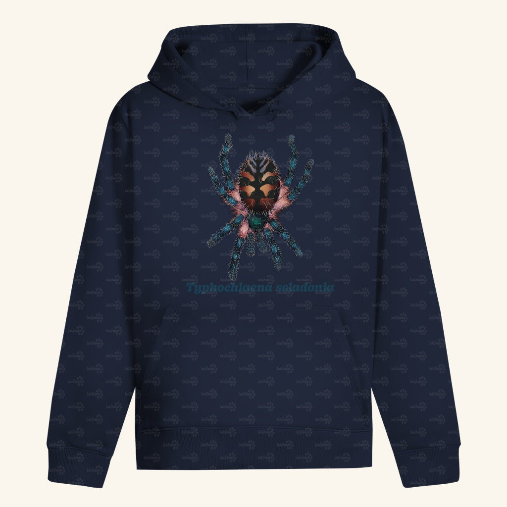 Unisex Bio Hoodie mit Bauchtasche | Brasilianische Juwelvogelspinne Typhochlaena seladonia