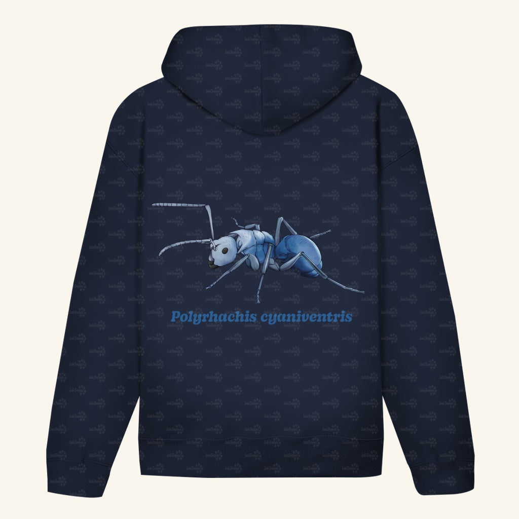 Unisex Bio Hoodie mit Bauchtasche | Blau schillernde Schuppenameise Polyrhachis cyaniventris